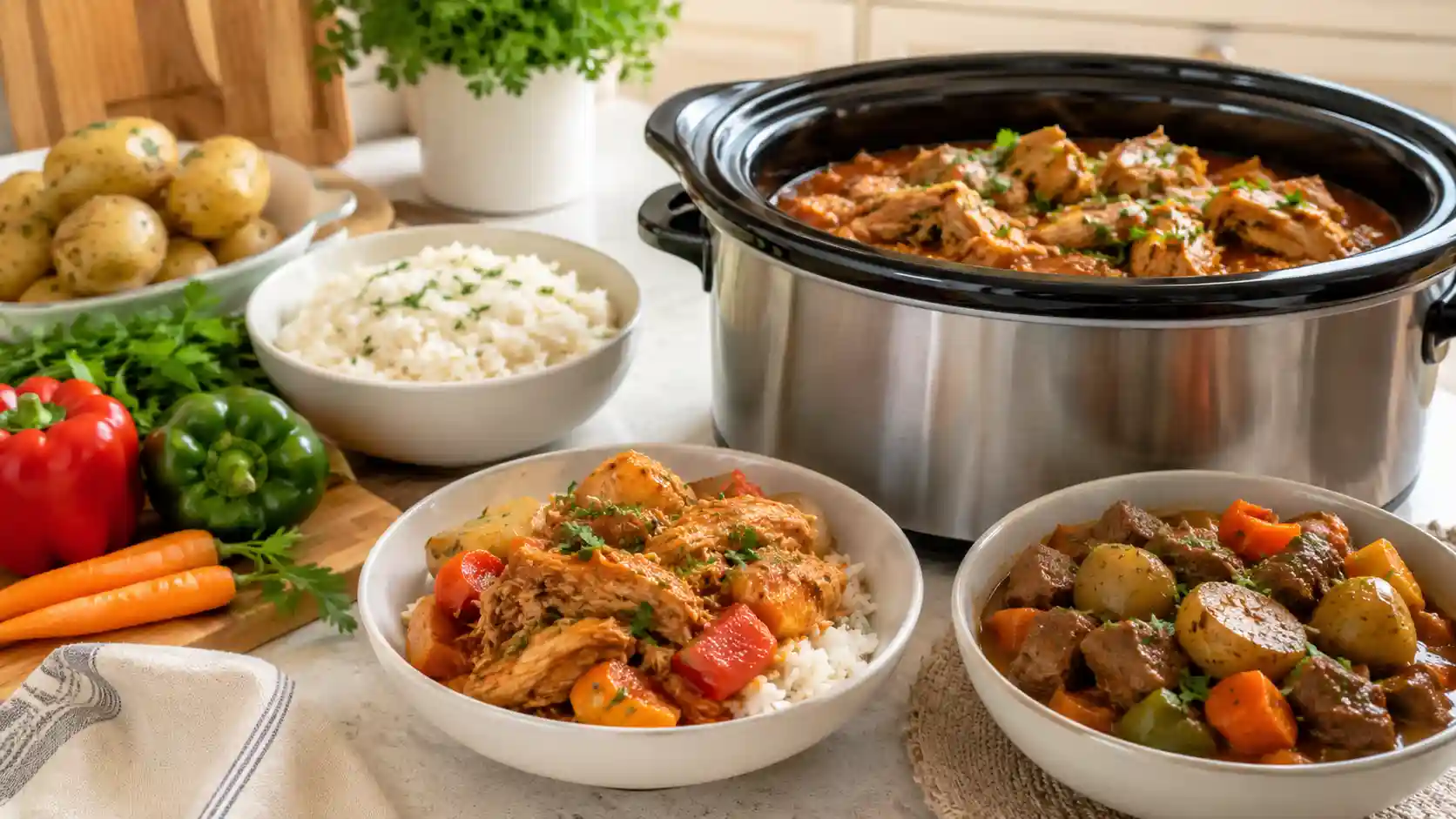Slow cooker dinner spread with chicken, beef, potatoes, rice, vegetables, and cozy serving bowls for easy family meals.