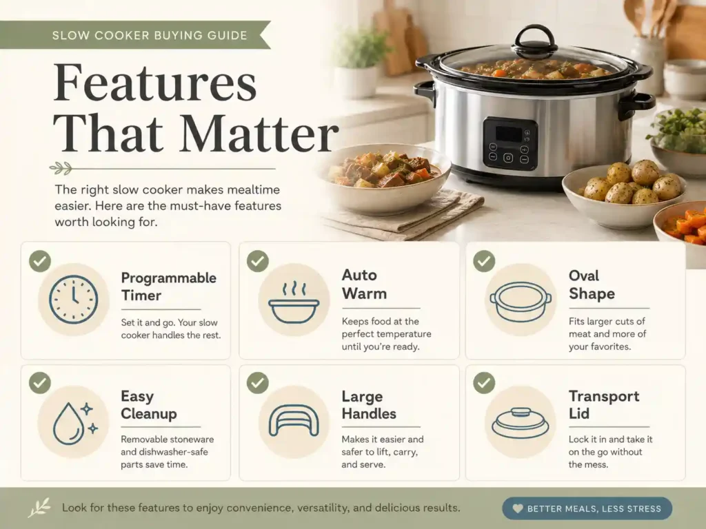 Checklist of useful slow cooker features including programmable timer, auto warm, oval shape, removable insert, and transport lid