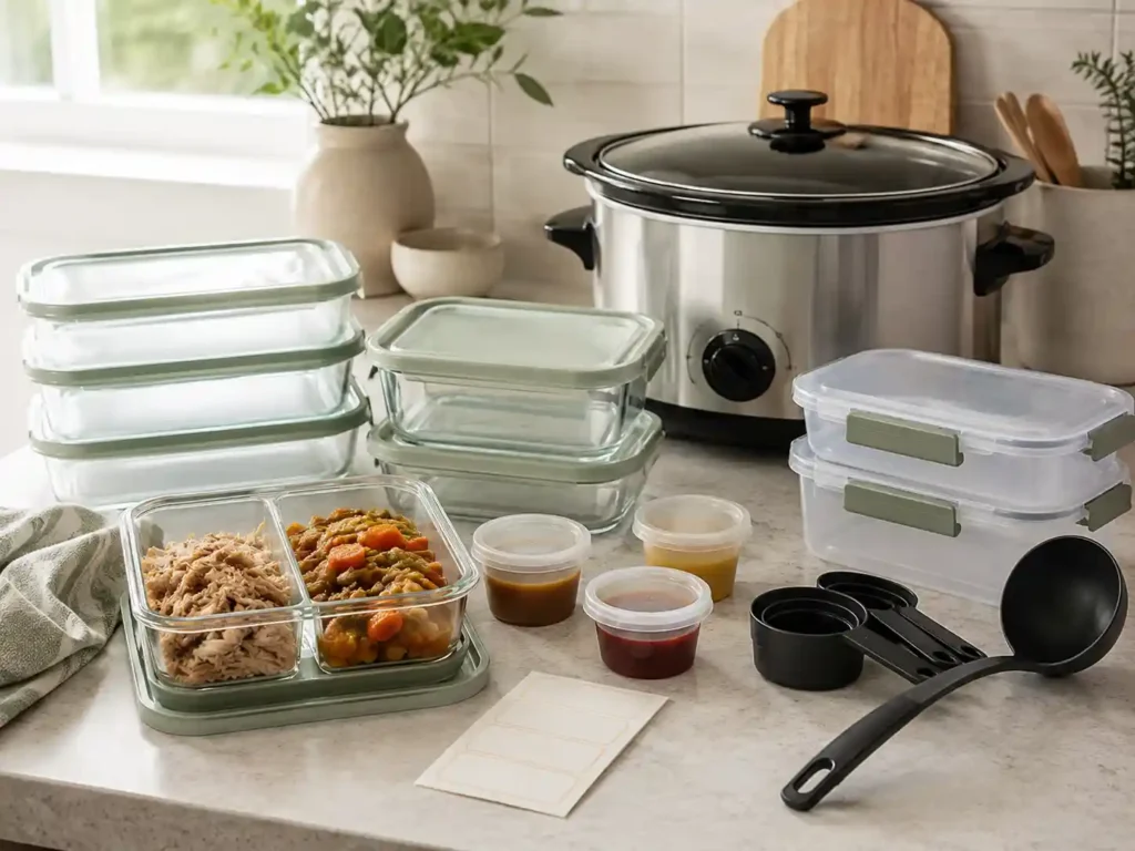 Meal prep containers, sauce cups, labels, and slow cooker tools arranged for crockpot meal prep