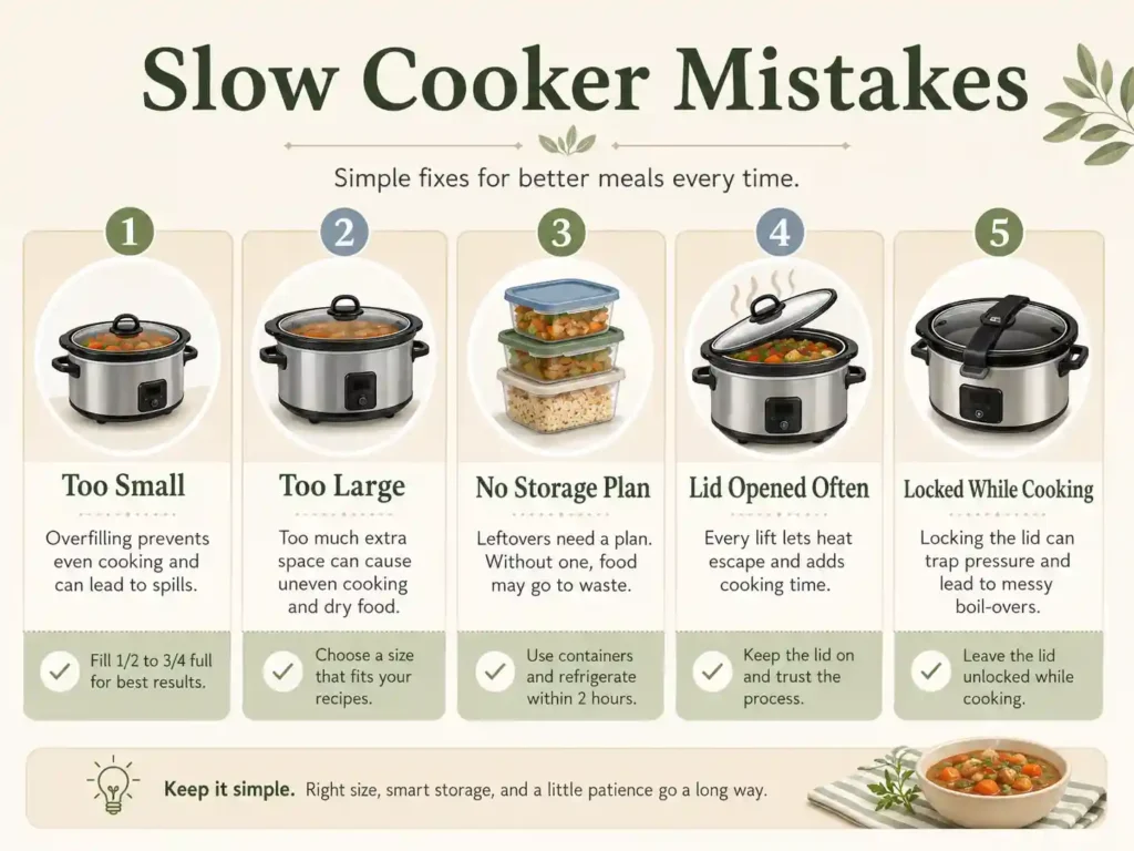 Infographic showing common slow cooker mistakes like choosing the wrong size, opening the lid too often, and locking the lid while cooking