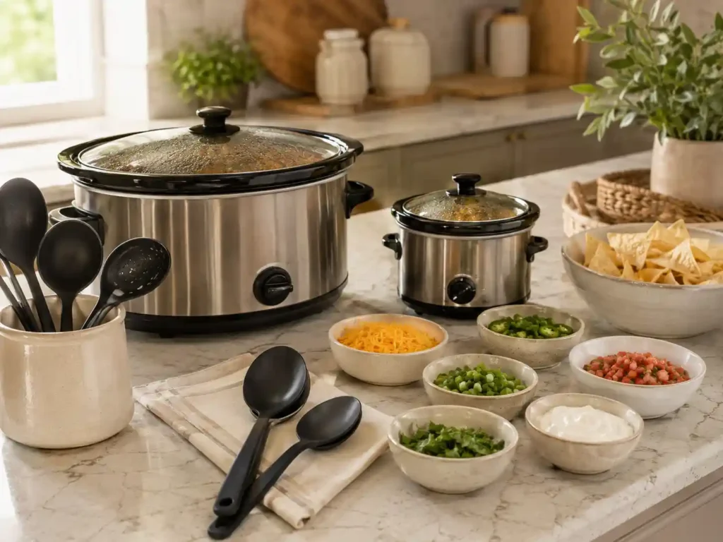 Slow cooker party serving setup with ladles, topping bowls, mini slow cooker, and serving spoons
