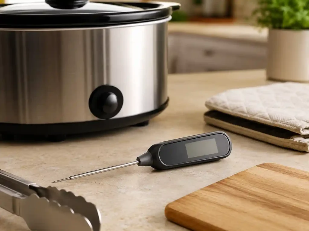 Instant-read thermometer beside a slow cooker, tongs, and hot pads for safe crockpot cooking