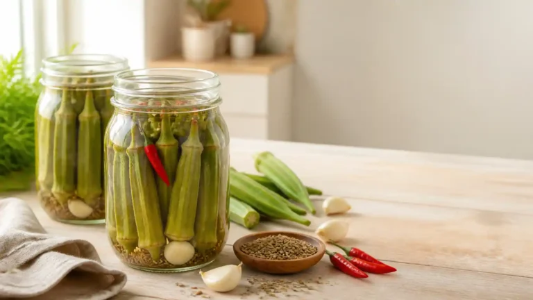 Glass jars of Southern-style pickled okra with garlic, dill seed, and small hot peppers on a wooden kitchen table