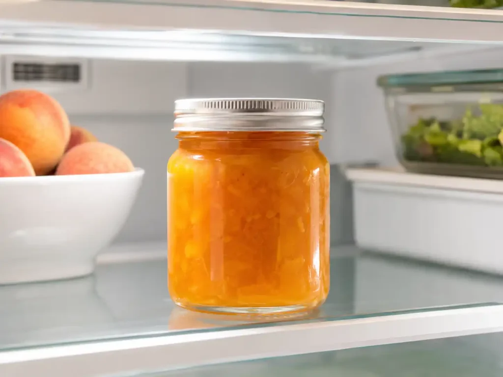 Covered jar of homemade peach jam placed on a clean refrigerator shelf.