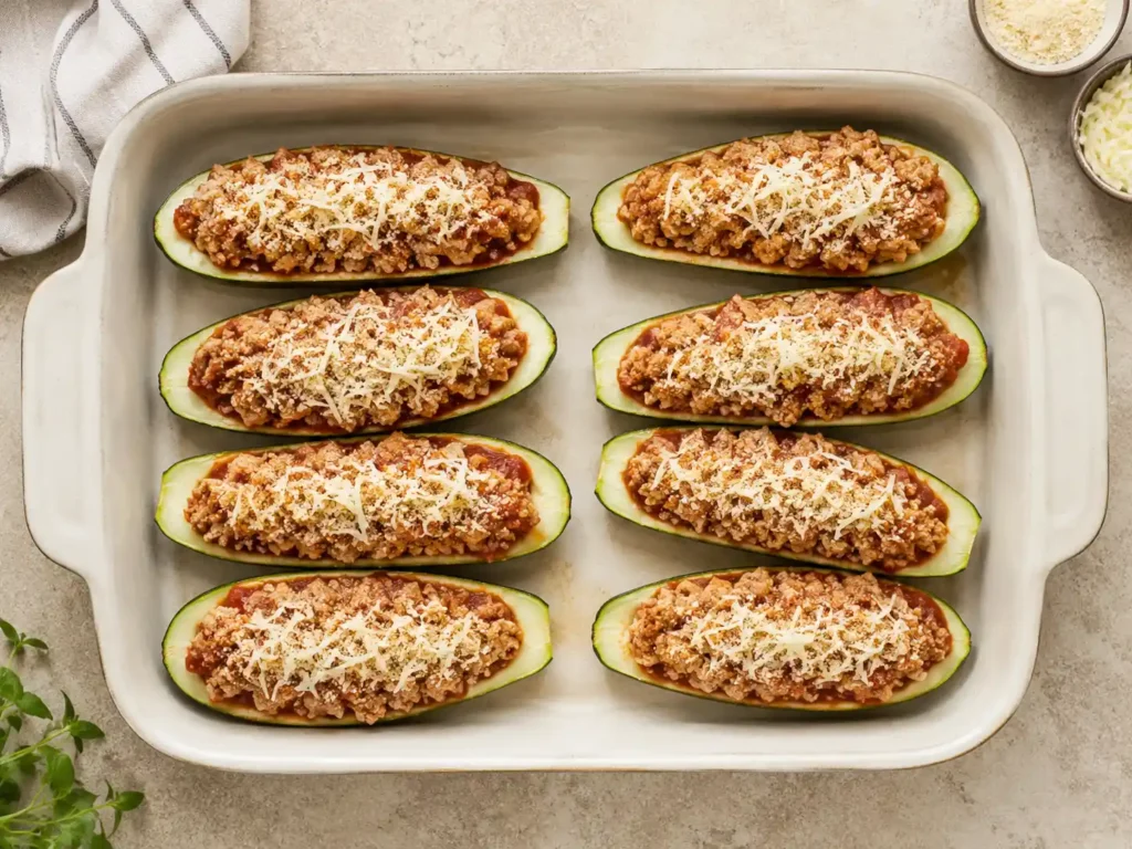 Eight turkey-filled zucchini boats topped with mozzarella and Parmesan before baking.