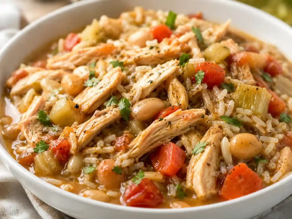 Close up of tender shredded crockpot chicken with sauce vegetables herbs and rice