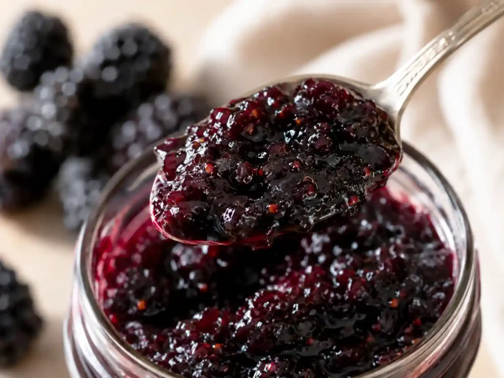 Extreme close-up of thick glossy blackberry jam clinging to a spoon above an open glass jar.