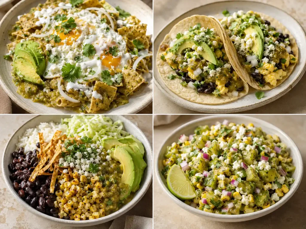 Chilaquiles verdes, breakfast tacos, black bean bowl, and tomatillo corn salad