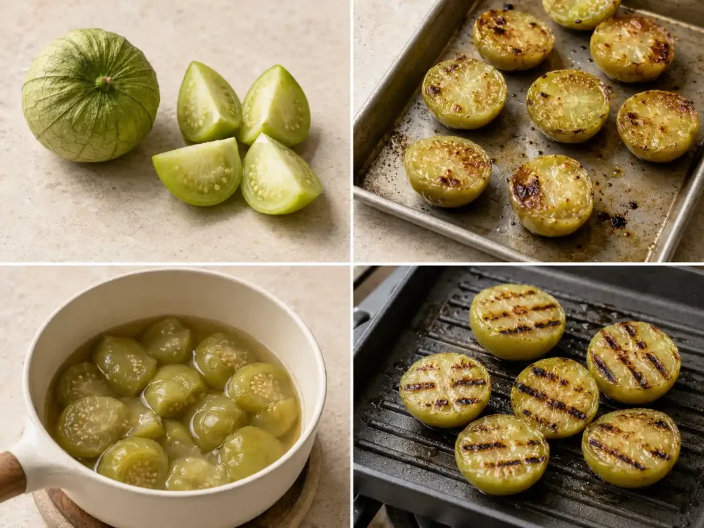 Raw, roasted, simmered, and grilled tomatillos compared side by side
