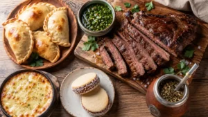 Traditional Argentinian food spread with grilled beef, empanadas, chimichurri, provoleta, alfajores, and yerba mate