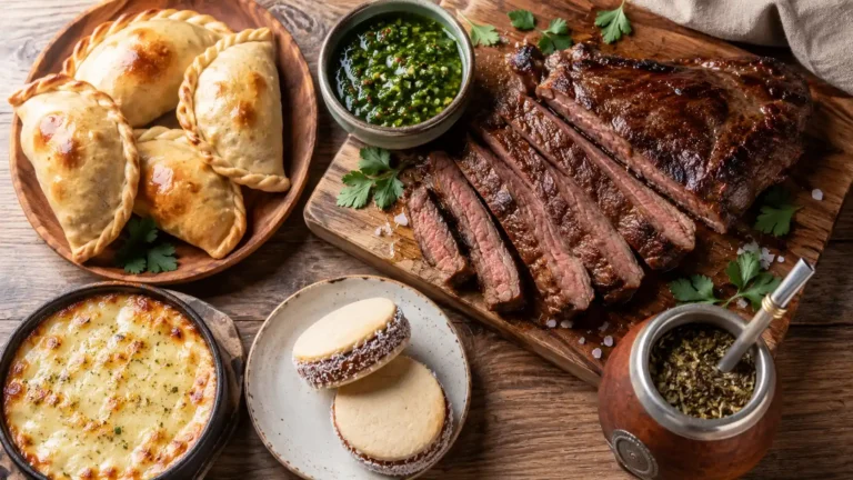 Traditional Argentinian food spread with grilled beef, empanadas, chimichurri, provoleta, alfajores, and yerba mate
