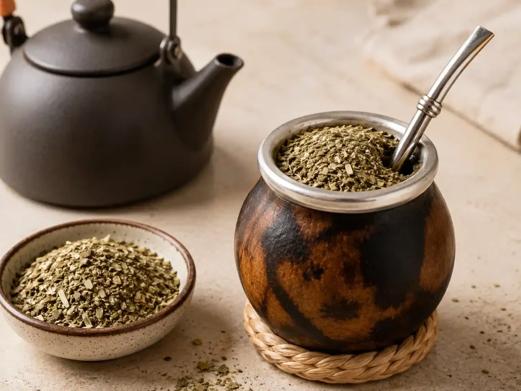 Yerba mate vessel with bombilla, dry yerba leaves, and a kettle