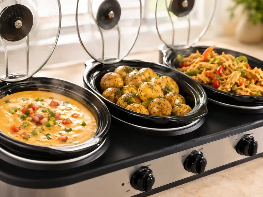 Close-up of creamy dip, seasoned potatoes, and shredded chicken inside a triple slow cooker