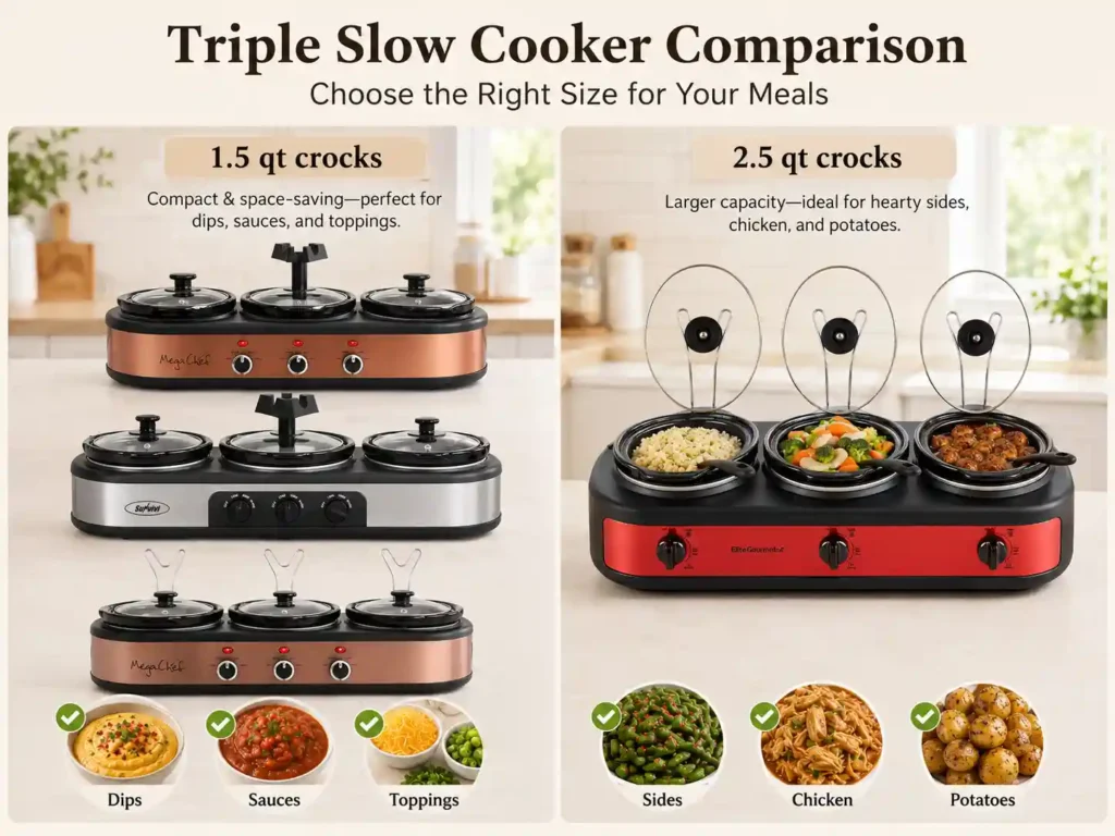 Infographic comparing 1.5 quart and 2.5 quart triple slow cooker crocks for dips, sauces, toppings, sides, chicken, and potatoes