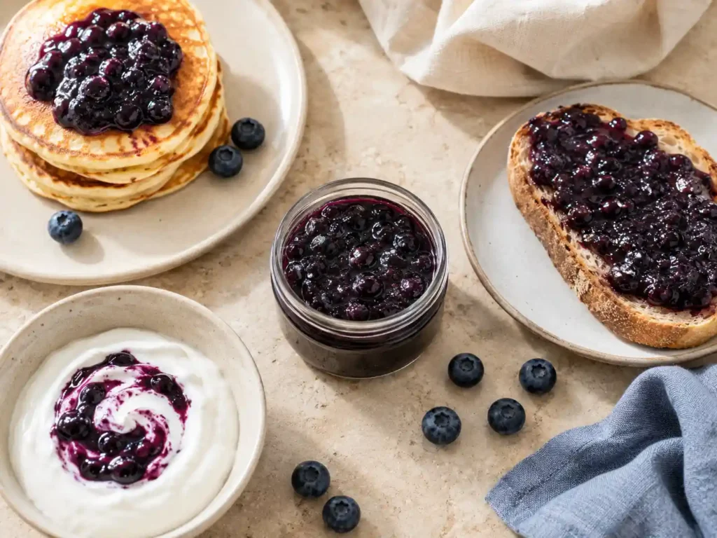 Blueberry jam served with toast, pancakes, and plain Greek yogurt on a breakfast table.