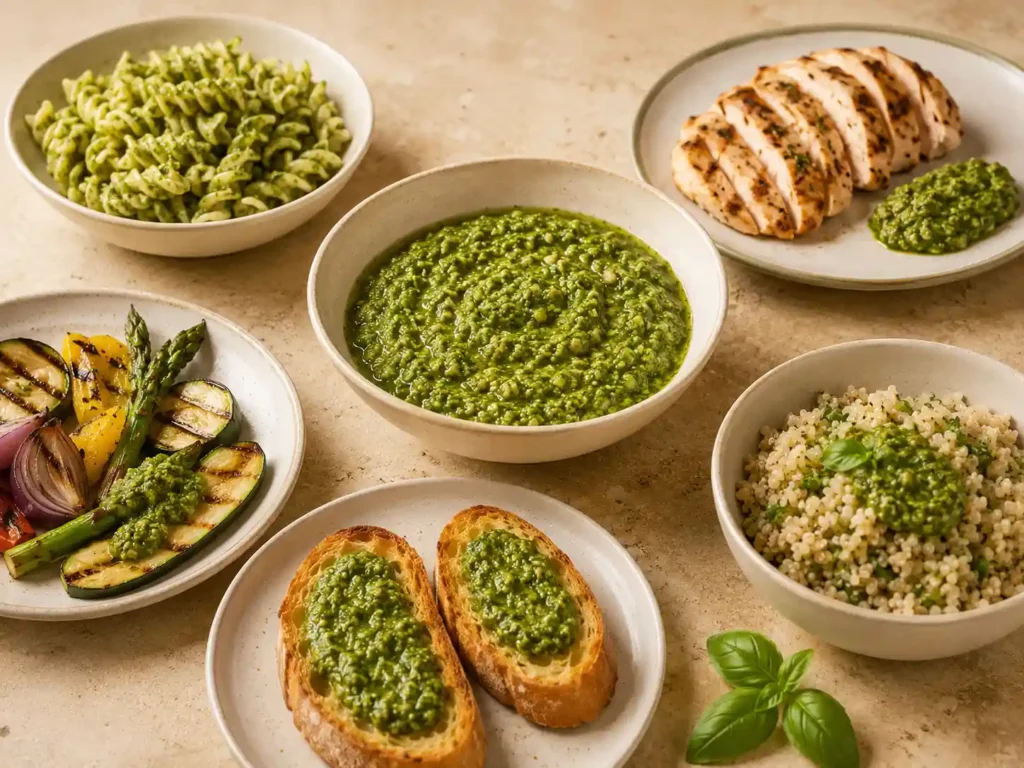 Homemade basil pesto served with pasta, toasted bread, grilled vegetables, chicken, and a grain bowl.