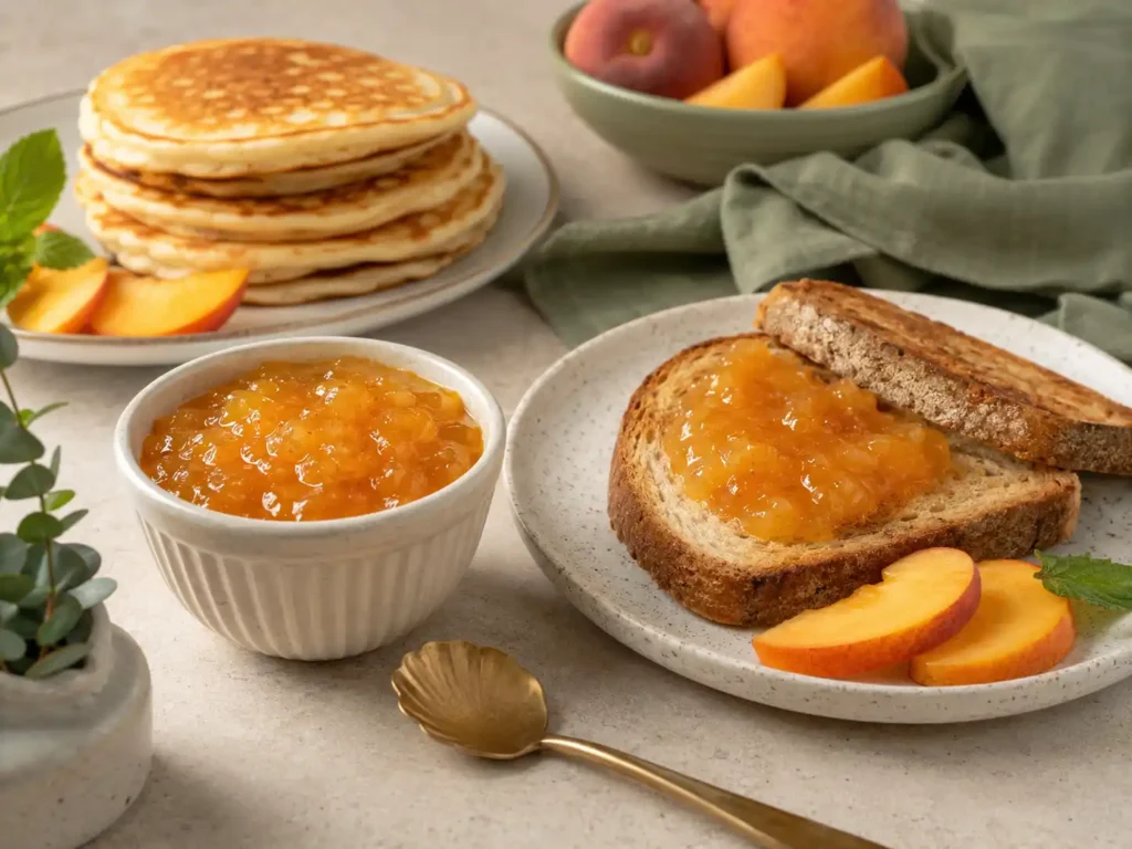 Homemade peach jam served with toast, pancakes, fresh peaches, and a small spoon.