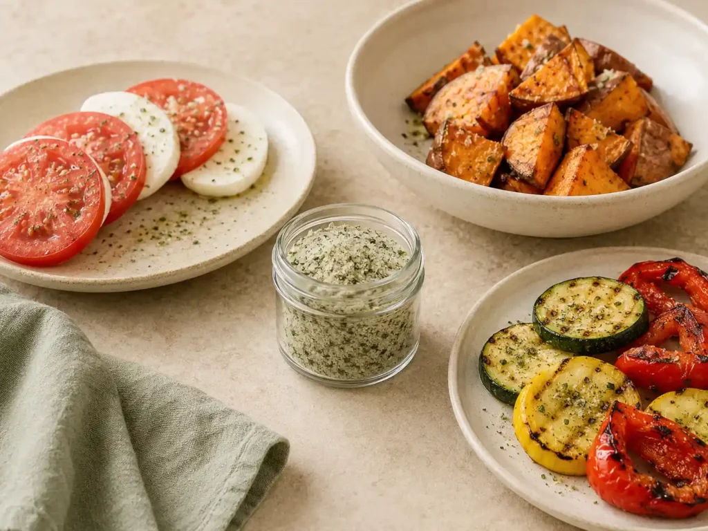 Basil salt served with tomatoes, roasted sweet potatoes, and grilled vegetables