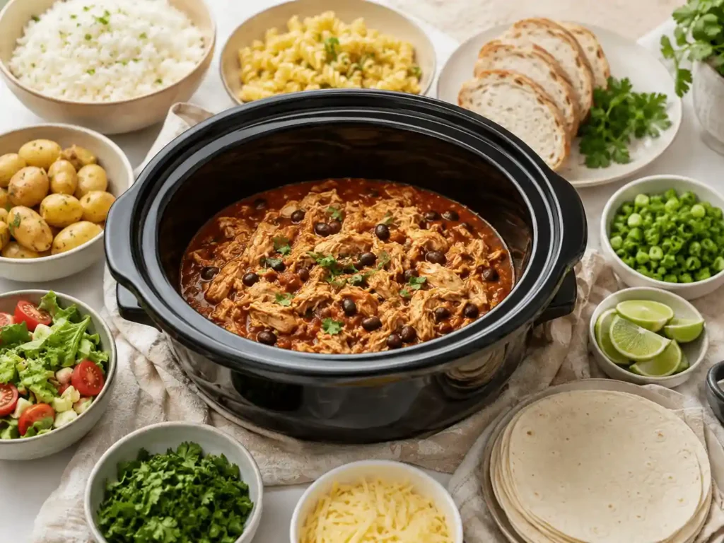 Slow cooker dinner serving ideas with rice, pasta, potatoes, tortillas, salad, bread, and fresh toppings.
