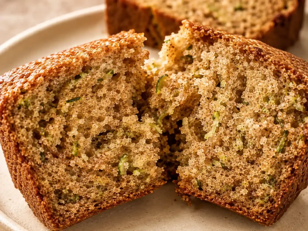 Ultra-sharp close-up of baked zucchini banana bread crumb with fine green zucchini flecks