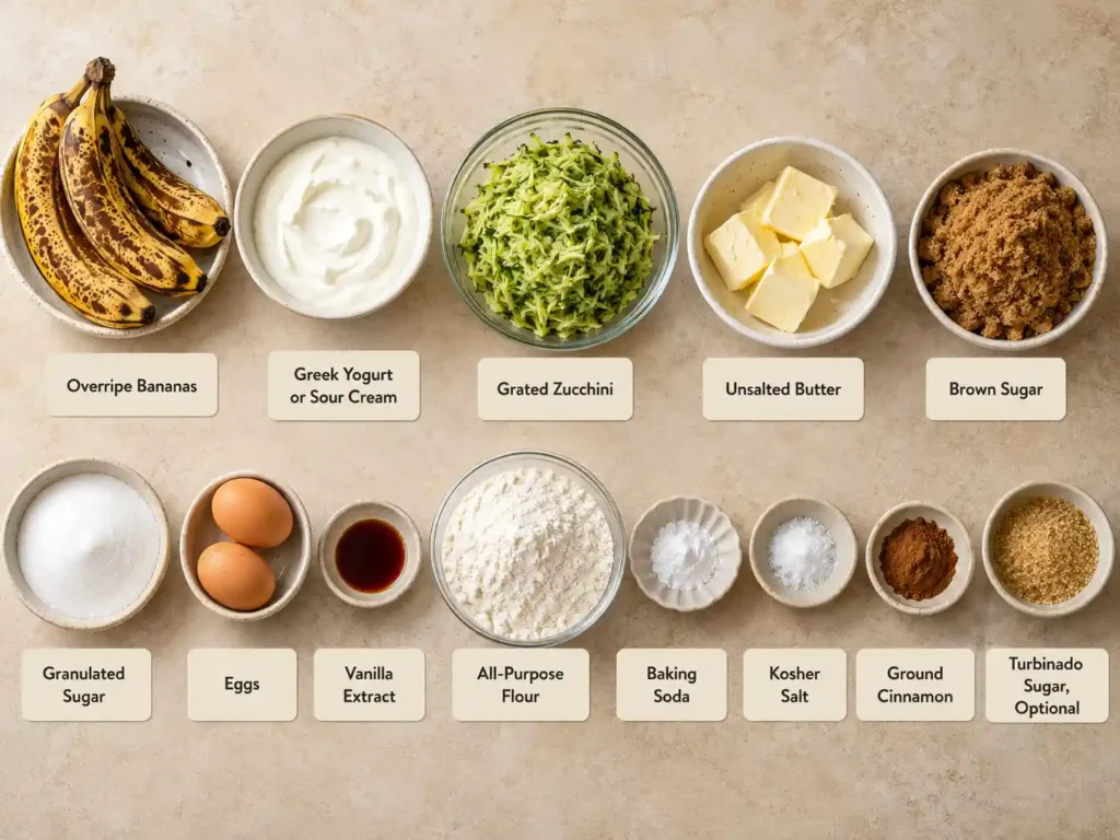 Labeled zucchini banana bread ingredients including bananas, grated zucchini, flour, butter, sugars, eggs and cinnamon