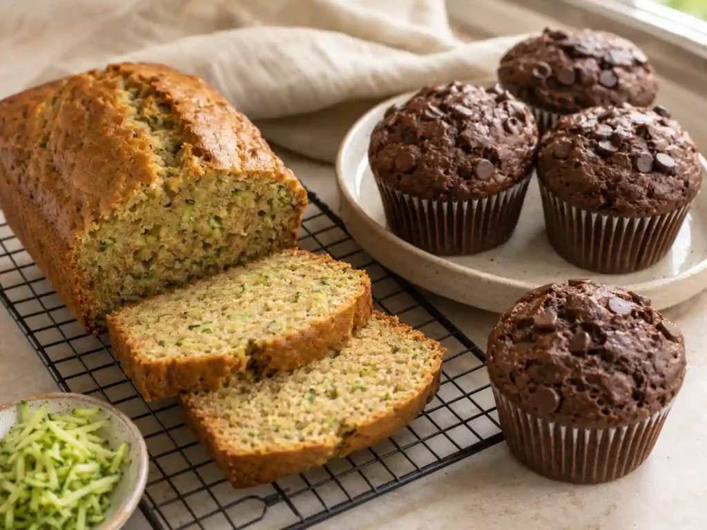Sliced zucchini bread with visible green flecks beside four chocolate zucchini muffins.