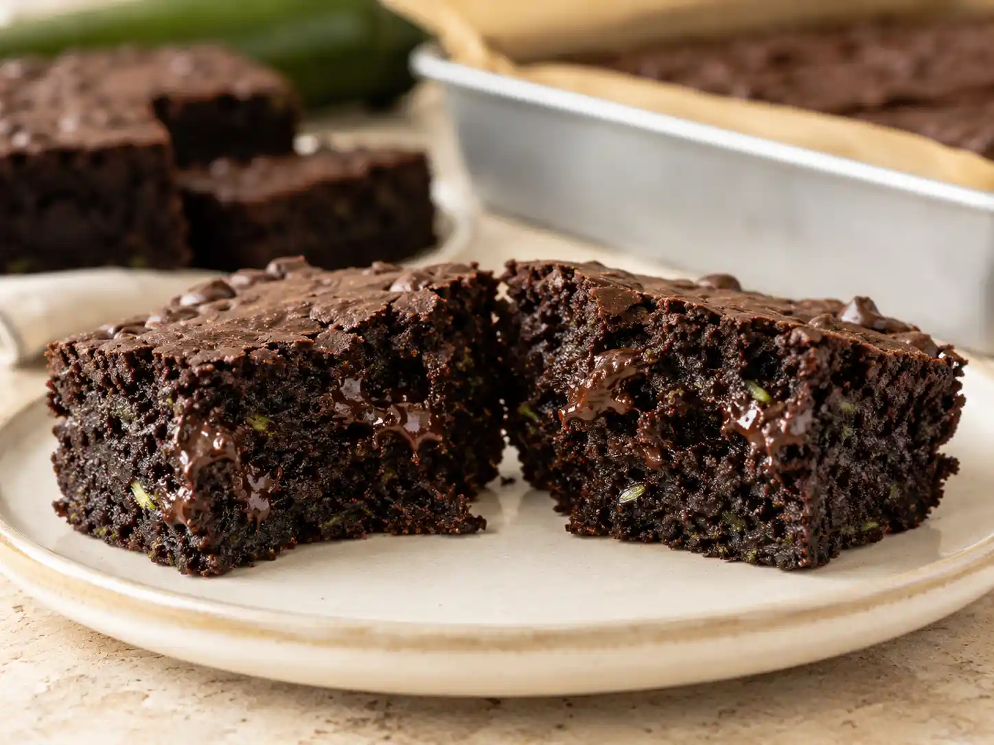 Extreme close-up of a fully baked zucchini brownie showing a moist chocolate crumb, fine zucchini flecks, and melted chocolate chips