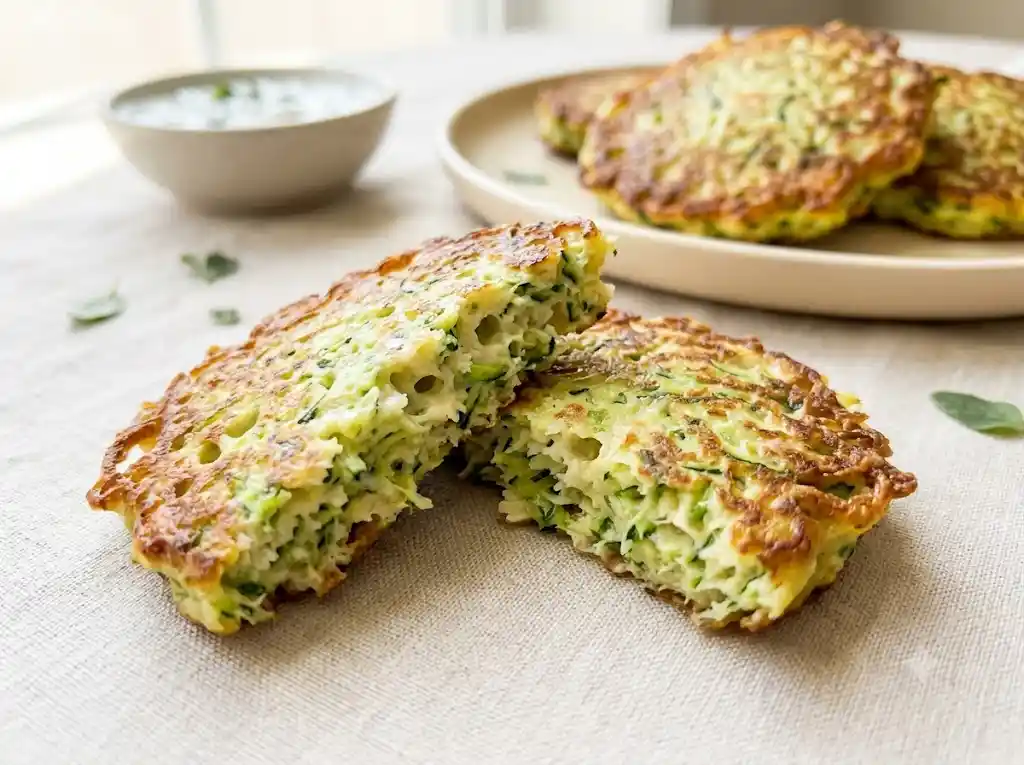 Broken zucchini fritter showing a tender fully cooked center with visible zucchini strands and crisp golden edges