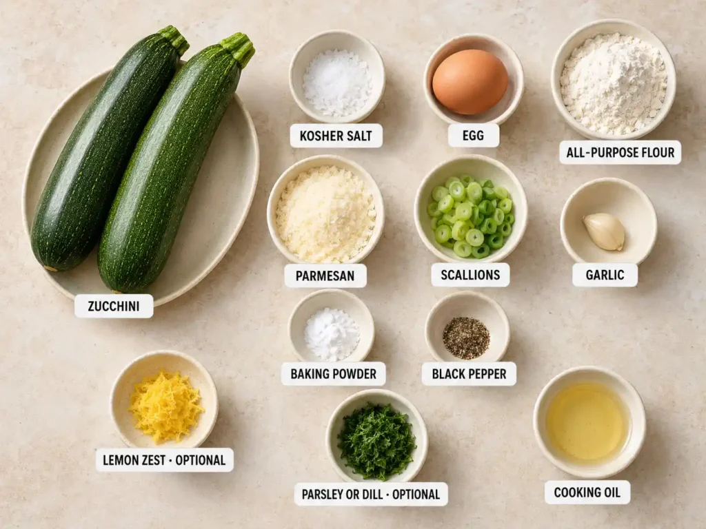Labeled zucchini fritter ingredients including zucchini, egg, flour, Parmesan, scallions, garlic, seasonings, herbs, and oil