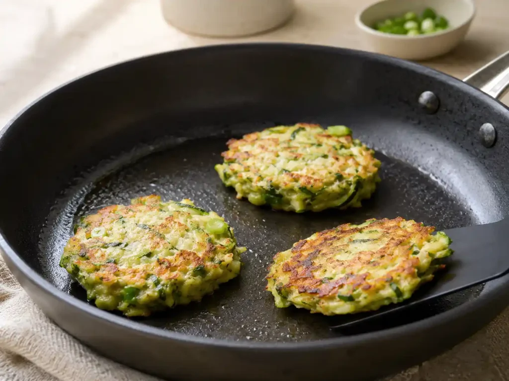 mall zucchini fritters cooking in a skillet with one golden fritter lifted by a thin spatula