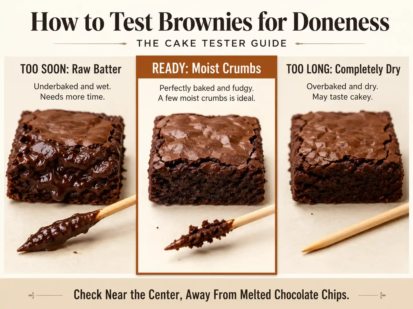 Visual brownie doneness guide showing raw batter, moist crumbs, and an overbaked dry tester
