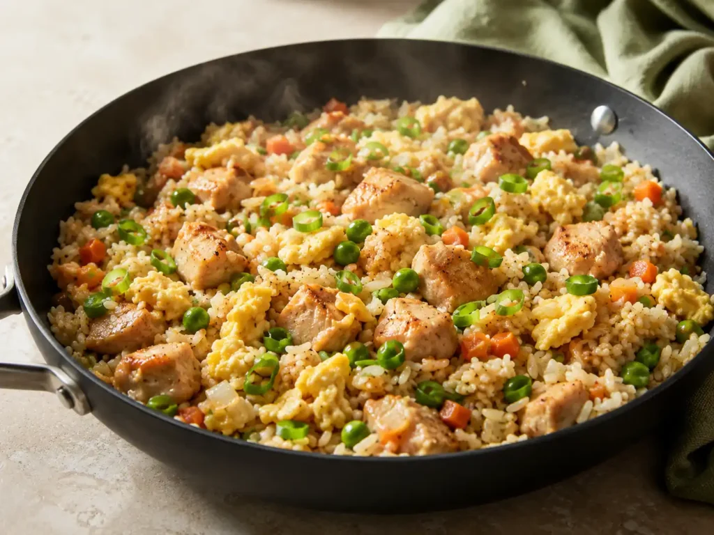 Close-up of chicken fried rice with cooked rice, chicken, scrambled egg, peas, carrots, and green onions.