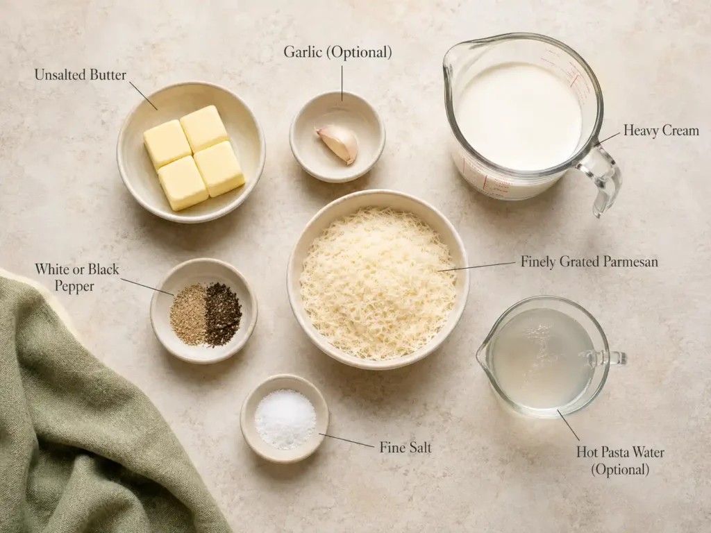 Labeled Alfredo sauce ingredients including butter, cream, Parmesan, garlic, pepper, salt, and pasta water