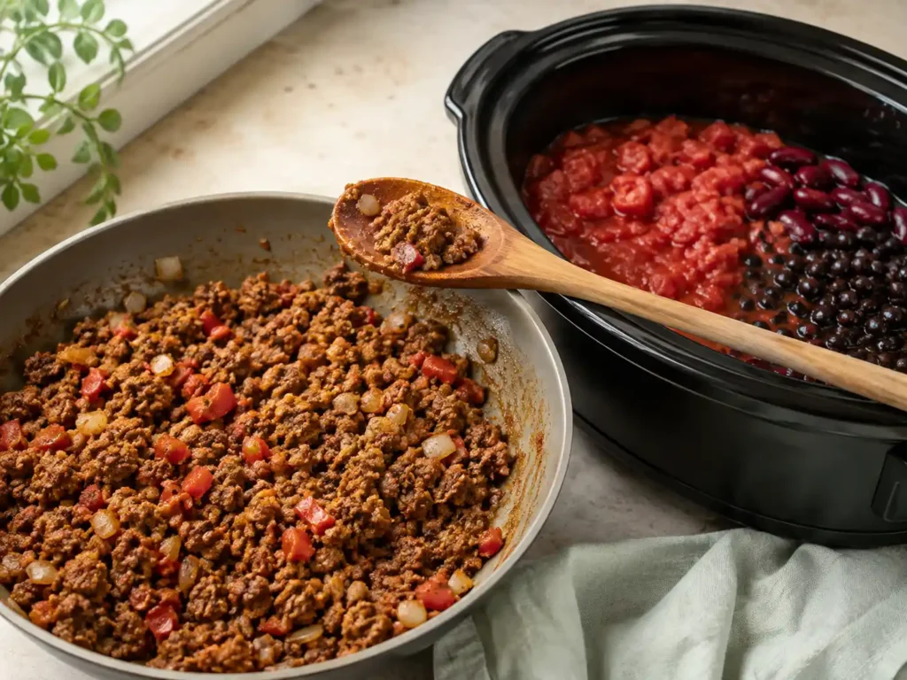 Browned ground beef, onion, bell pepper, tomato paste, and spices being transferred to a slow cooker.