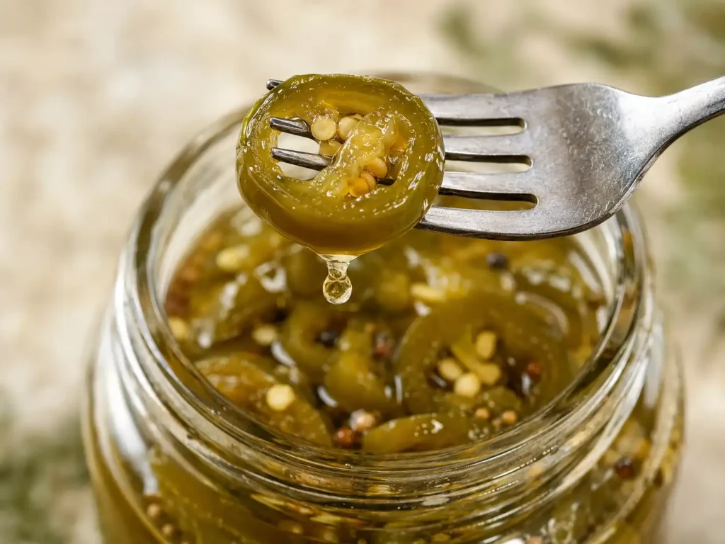Close-up of glossy candied jalapeño rings coated in pourable sweet vinegar syrup