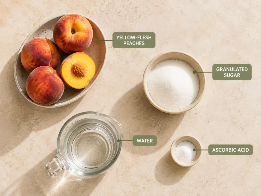 Labeled yellow-flesh peaches, granulated sugar, water, and ascorbic acid for canning