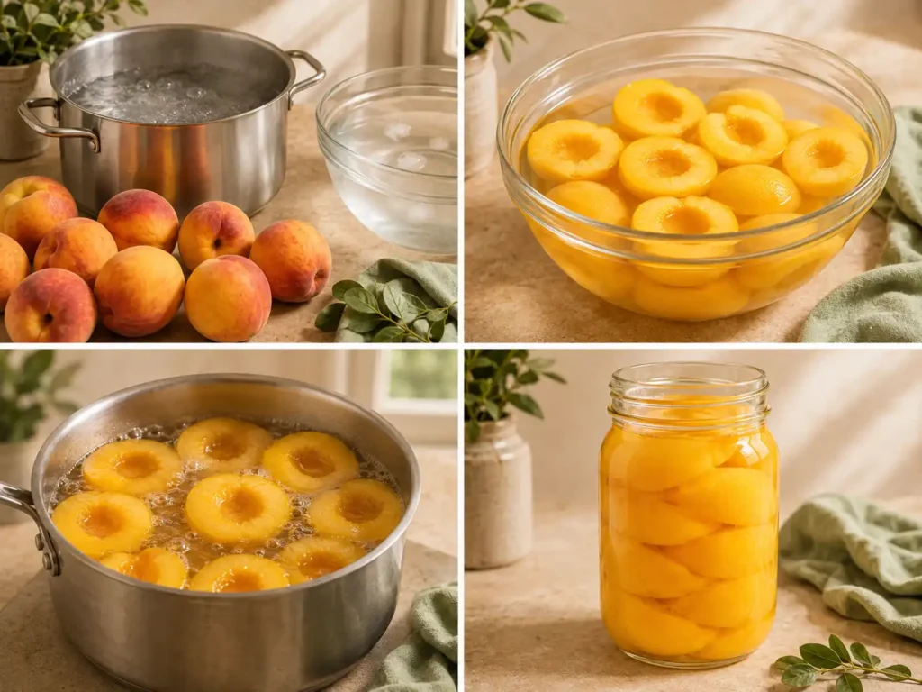 Four-step collage showing blanching, peeling, hot packing, and filling peach jars