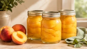 Sealed glass jars filled with yellow-flesh peach halves in clear syrup