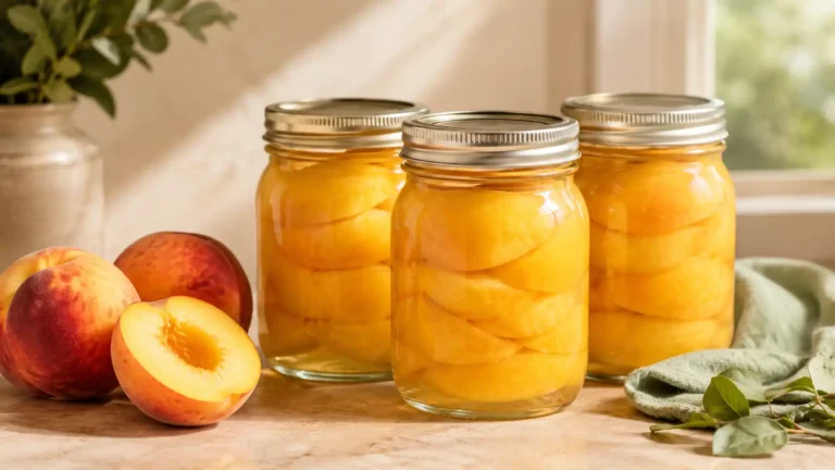 Sealed glass jars filled with yellow-flesh peach halves in clear syrup