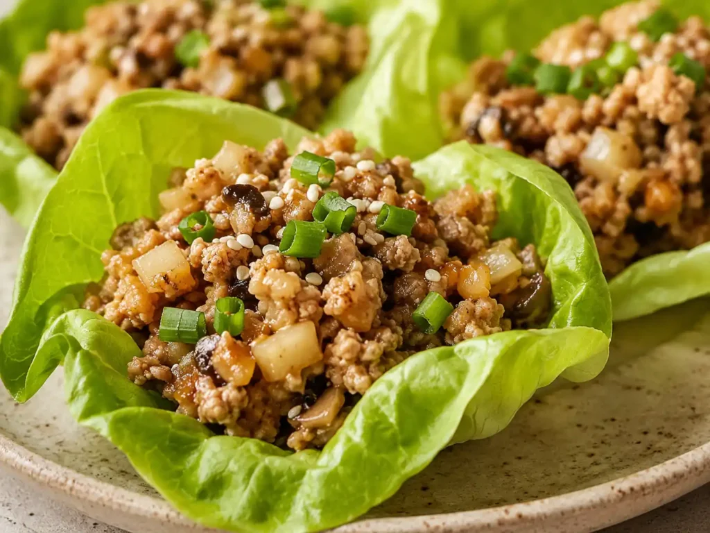 Close-up of crisp lettuce wraps filled with ground chicken, mushrooms, water chestnuts, and green onions