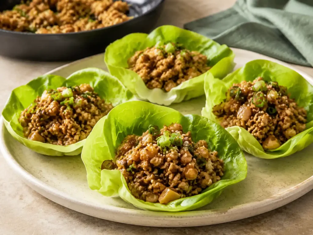 Chicken lettuce wraps with skillet-cooked filling, butter lettuce, water chestnuts, green onions, and sesame seeds.