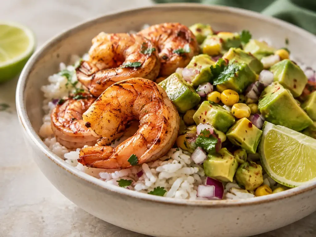 Close-up of chili lime shrimp over rice with avocado corn salsa, cilantro, and fresh lime.