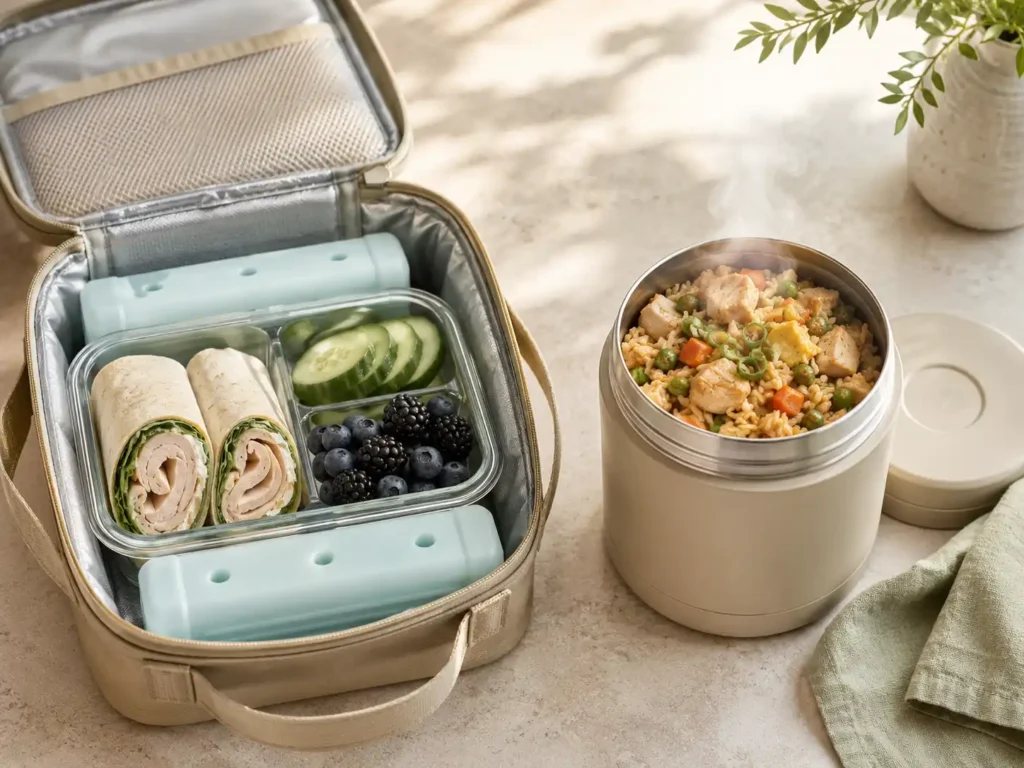 Insulated school lunch bag with two cold packs and a separate hot-food container