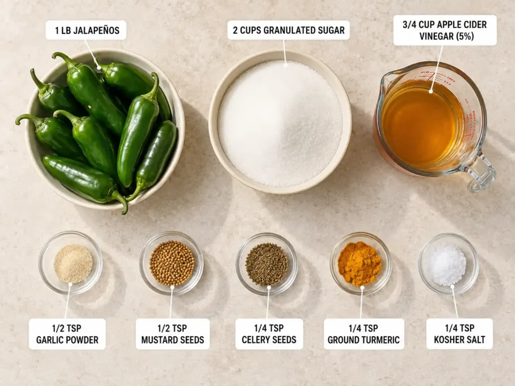 Labeled ingredients for cowboy candy including jalapeños, sugar, apple cider vinegar, and spices