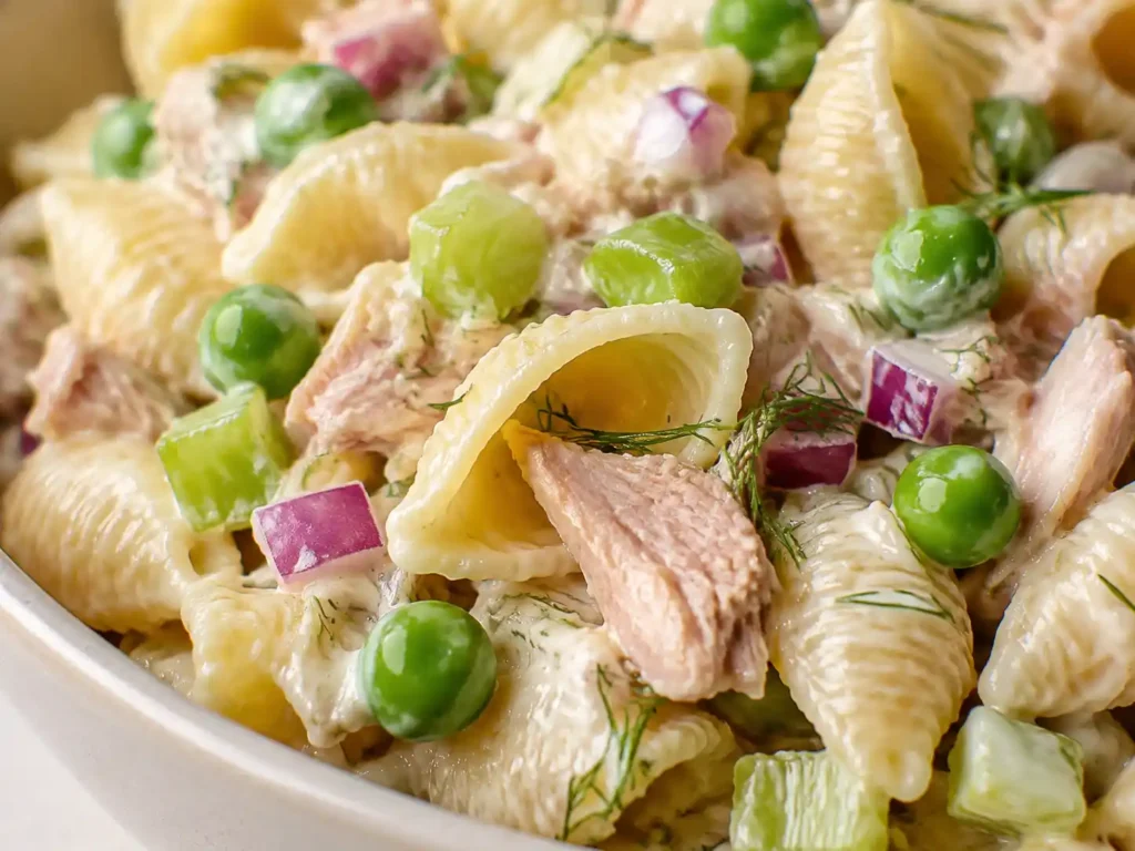 Close-up of creamy dressing clinging to shell pasta with tuna, peas, celery, red onion, and dill