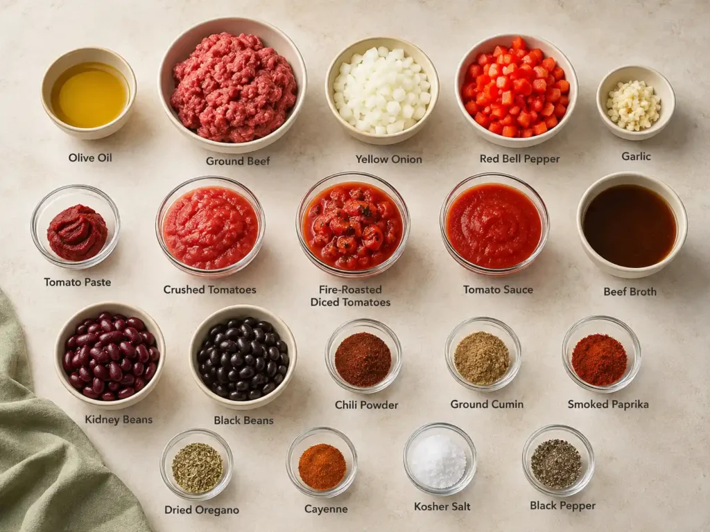 Labeled ingredients for crockpot chili, including ground beef, beans, tomatoes, vegetables, broth, and spices.