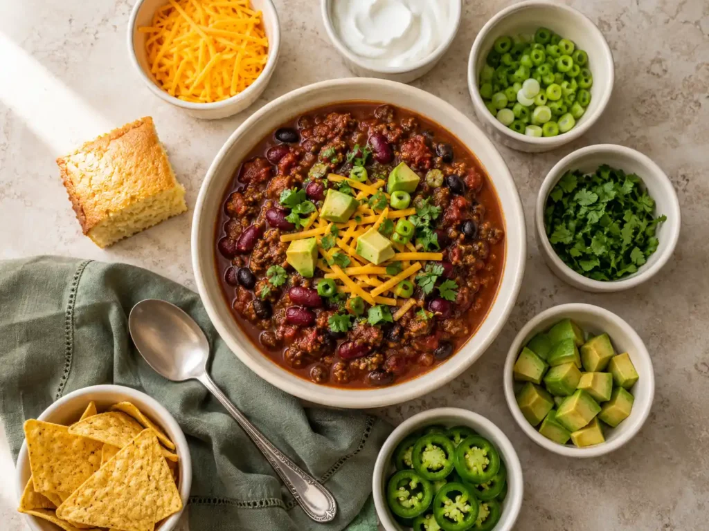 Bowl of crockpot chili surrounded by cheddar, sour cream, avocado, green onions, cilantro, jalapeño, and tortilla chips.