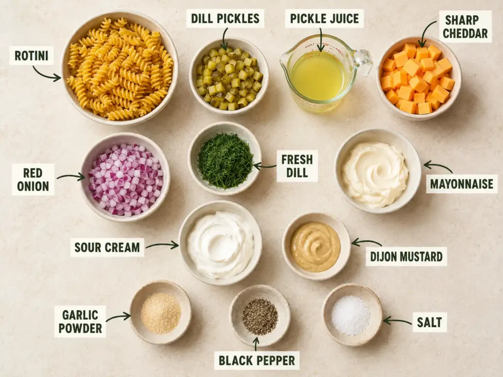 Labeled ingredients for dill pickle pasta salad including rotini, dill pickles, pickle juice, cheddar, red onion, dill, mayonnaise, sour cream, Dijon mustard, garlic powder, pepper, and salt.