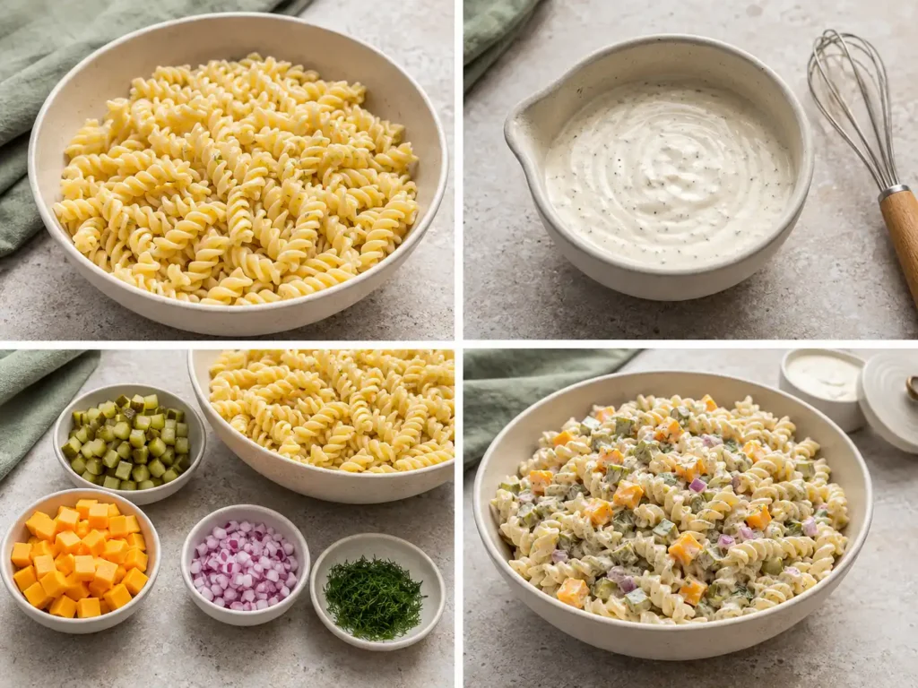 Four stages showing cooled pasta with pickle juice, creamy dressing, chopped mix-ins, and assembled dill pickle pasta salad.