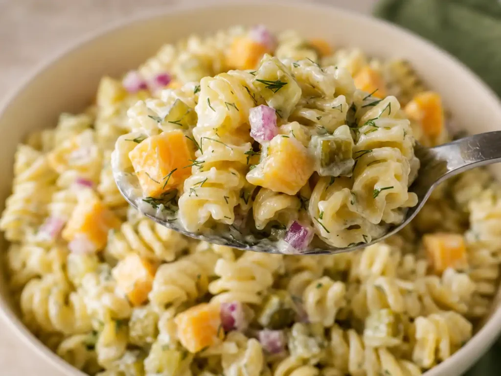 Close-up of creamy rotini with crisp dill pickle pieces, cheddar cubes, red onion, and fresh dill.